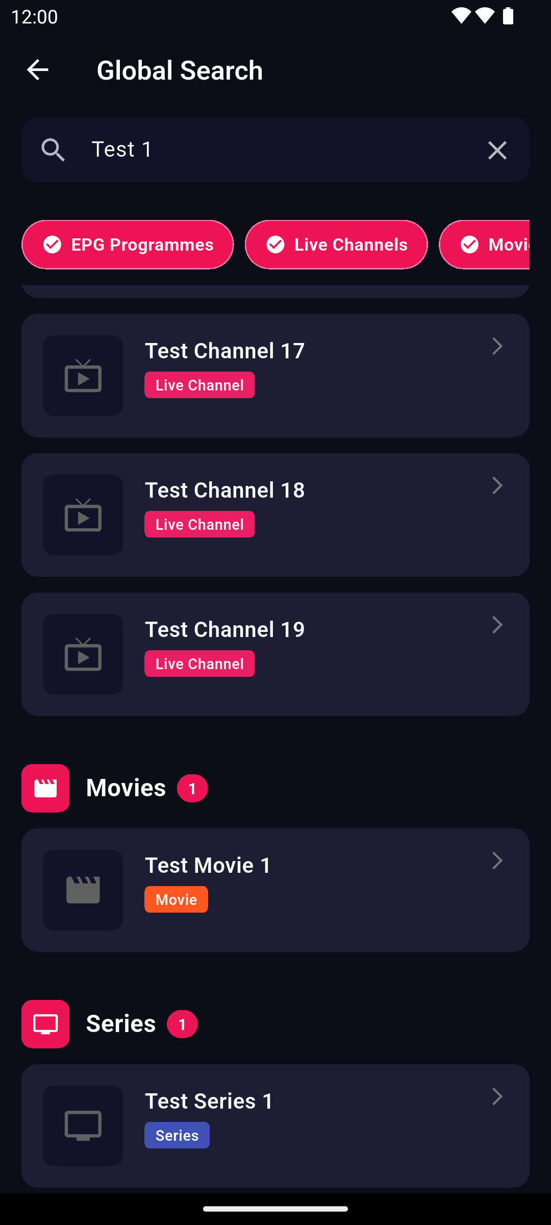 Search results across channels, programmes, films and series
