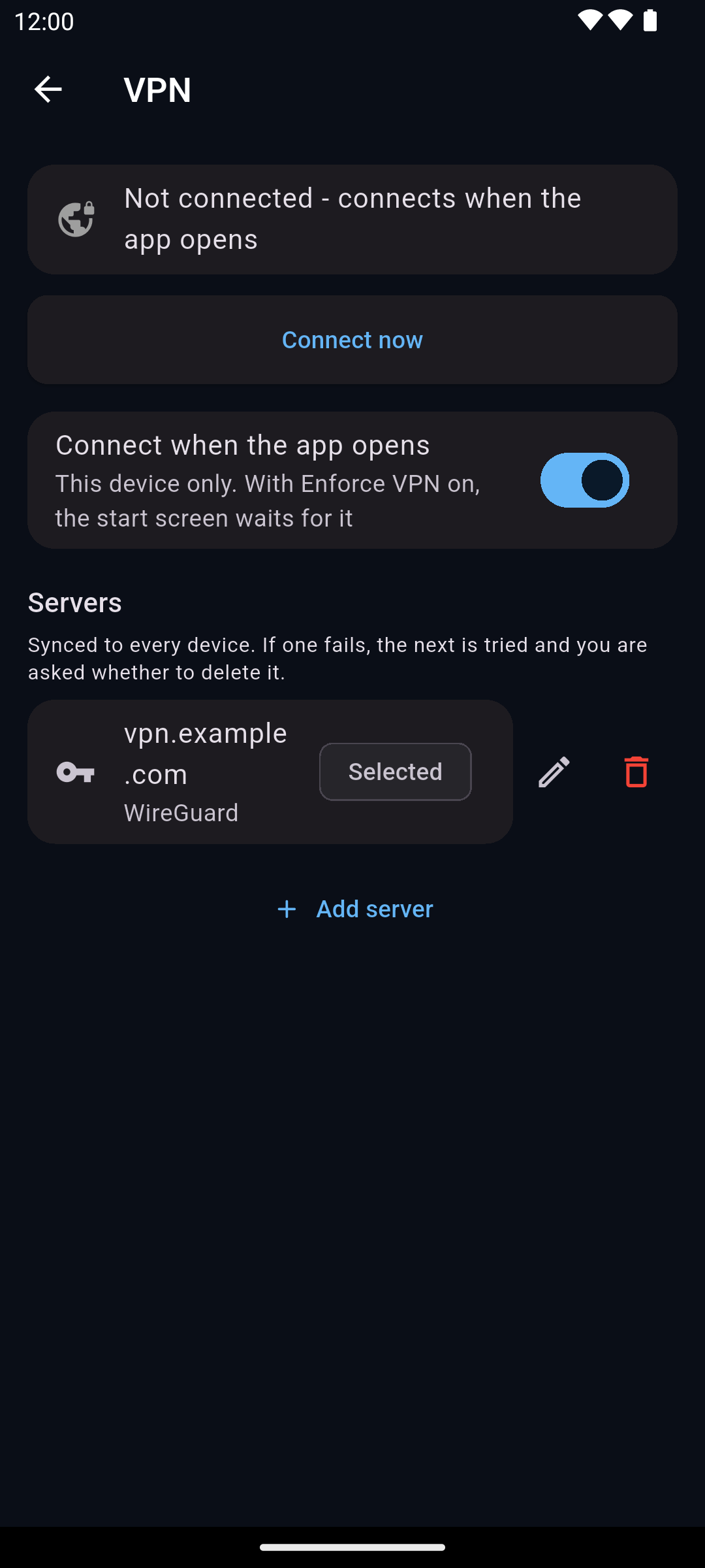 YAIP's VPN settings with a WireGuard profile saved