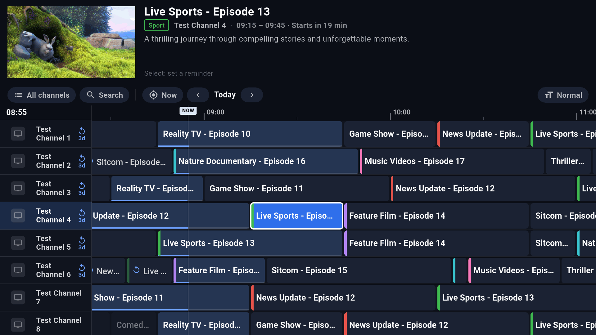 The TV Guide grid: channels down the side, programmes across the timeline, a preview of the selected channel playing